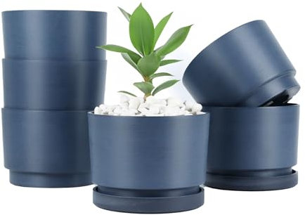 Gardenwize - Pack of 6 Plastic Plant Pots, Self Watering Plant Pots Set of 6, Flower Pots for Indoor Outdoor, Plastic Planters for Plant Flower Aloe Herbs (Navy, 18CM Diameter)