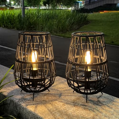 TRIROCKS 30cm Solar Lights Outdoor Garden, 2 Solar Lantern with Olefin Rope | Charges in about 6 hours for at least 8 hours of automatic dusk light; IP44 design with detachable panel and hanging handle