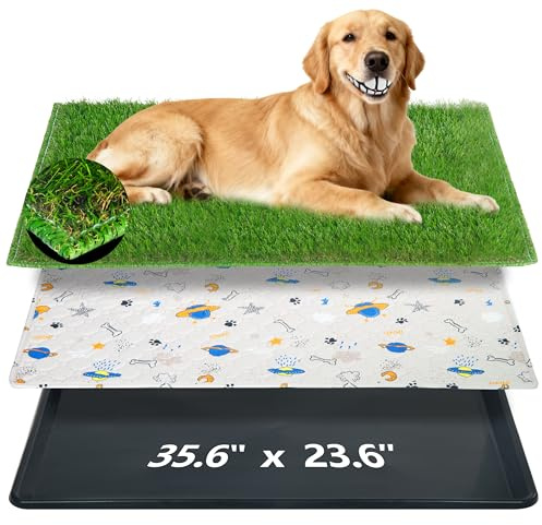 Reusable Dog Loo System with Artificial Grass Turf&Pee Pads&Tray, for Puppy Potty Training is Portable&Easy to Clean,35x23in Large Dog Litter Box Toilet for Indoor/Outdoor use（Large）