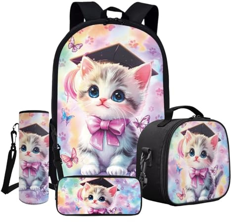 ASQVTIFE 43 cm skolboksväska set 4 delar ryggsäckar isolerad lunchlåda lätt barn ledig ryggsäck, Katt fjäril, One Size, ledig