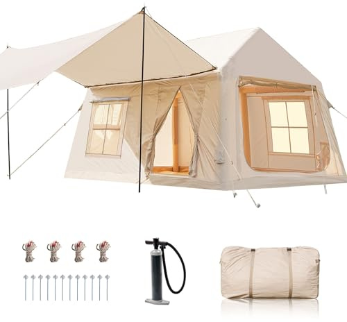 Ytaoeo Aufblasbares Zelt mit Vordach Outdoor Camping Zelt für 8-10 Personen mit Kaminöffnung Aufblasbares Campingzelt aus Wasserdichtem Oxford-Stoff Air Glamping Zelte für 4 Jahreszeiten Camping