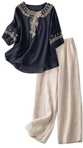 Completo Donna Elegante Casual Estivo Cotone E Lino Ricamo Tuta Estiva Curvy Due Pezzi Camicia e Pantaloni Completa Gamba Larga Tute Complete Comoda Completi Estivi Eleganti Larghi Set Estive Spiaggia