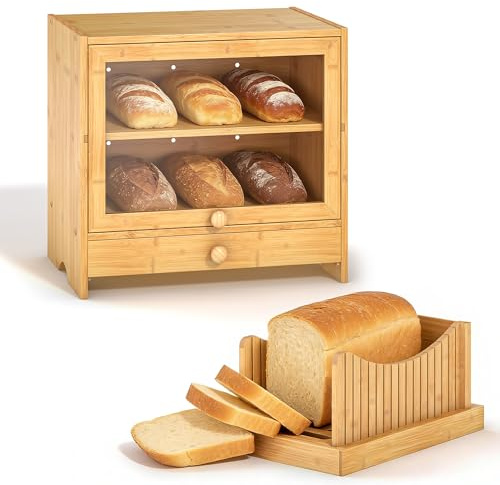 EffiQ-Rate Boîte à Pain 2 Niveaux avec Planche à Découper, 38,5x25x36 cm Grande Boîte à Pain en Bois avec Trancheur, Boite à Pain en Bambou à Fenêtre pour Garder Pains Maison, Biscuits Frais