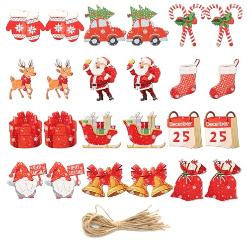 24 Pcs Wooden Christmas Theme Ornaments, Flat Xmas Pendants Reindeer Santa Claus Dwarf Gloves Candy Styles, Cute Wooden Santa Christmas Tree Decorations Hanging Ornaments for Home and Party Supplies