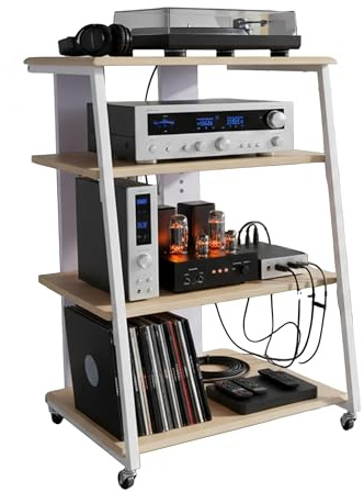 Relaxdays Hifi Rack, 4 Ebenen, für Plattenspieler, Stereoanlage, Eisen & MDF, 78x61x52 cm, Multimediaregal, natur/weiß