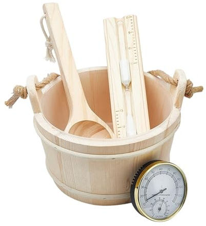 Sauna Accessories Set Includes Wood Bucket Long Handle Spoon Hourglasses Thermograph for Room Bathroom Enduring Wooden Sauna Bucket Ladle