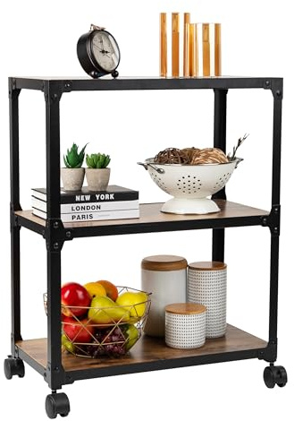 Mind Reader 3 Tier Multipurpose Rolling Cart, Home Storage, Bar Cart, Microwave Stand, Utility Organizer, Metal, MDF, Brown