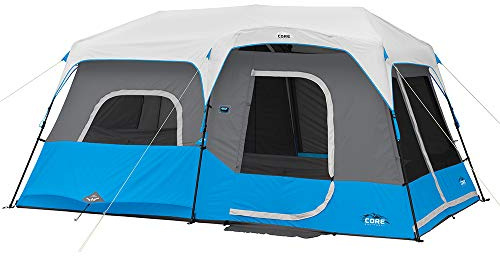 CORE 9 Person Instant Cabin Tent with LED Lights | Large Multi Room Family Lighted Pop Up Tent for 2 Minute Camp Setup | Included Storage Pockets for Camping Accessories