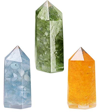 KYEYGWO 3 Stück Heilender Kristall Zauberstab, 5 cm Höhe Heilung Stein Quarz Punkte Sechseckiger Energie Edelsteine Decor für Meditation Therapie, Bergkristall/Aquamarine/Peridot