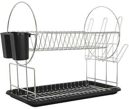 VIRSUS 1 Scolapiatti da appoggio 1212 in metallo cromato con 2 ripiani e vassoio raccogli goccia nero, dimensioni 51x24x36 cm, Scolastoviglie per piatti, ciotole con contenitore per posate