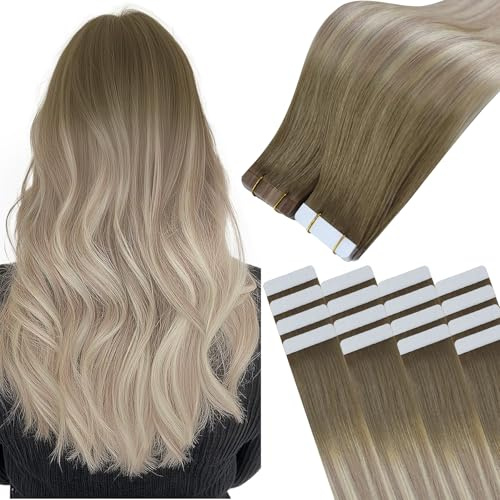 Easyouth Extensions Echthaar Tape Balayage Braun Tape in Extension Echthaar Balayage Hellbraun Hellblond Extension Tapes Menschenhaar Glänzen #8/18/60 40cm 40g