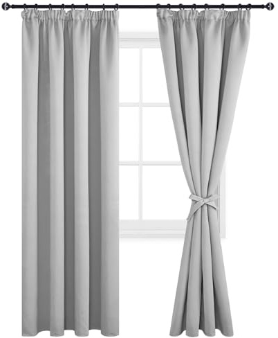 DWCN Gardiner ogenomskinlig mörkläggningsgardin veckband 2 set H 260 x B 140 cm, sovrum gardiner för skensystem med gardinslipsar gardiner vardagsrum termisk gardin, silvergrå
