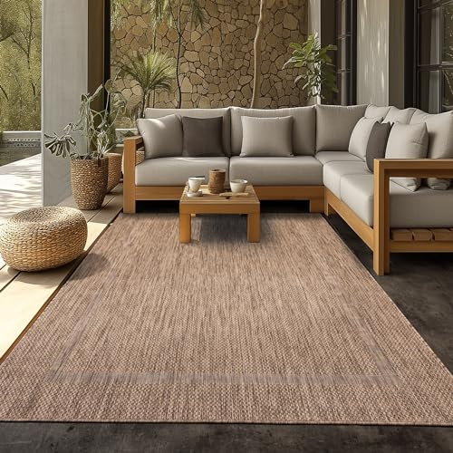SIMPEX Tapis Extérieur 280x370 cm Marron Design Bordure Tissage Plat Résistant aux Intempéries Lavable XXL pour Salon Terrasse Jardin