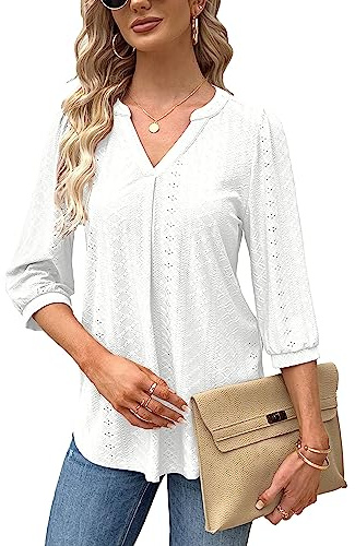 Blusa elegante para mujer, cuello en V, manga 3/4, camisetas informales, túnica, manga corta, blusas, informal, sólida, camiseta larga para verano, Blanco, XL