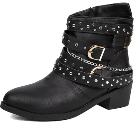 DirraBra Women's Goth Leather Block Heel Ankle Boots Fashion Studded Ankle Strap Trim Punk Boots Winter Side Zipper Motorcycle Short Booties (Black,7)