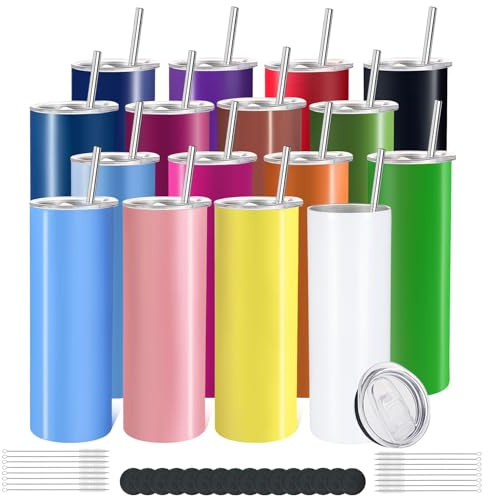 YOUKE OLA 16 Pack Skinny Tumblers 20oz Bulk Straight Stainless Steel Double Wall Vacuum Insulated Tumbler with Lid and Straw & Silicone Base for Travel, DIY, 16 Colors