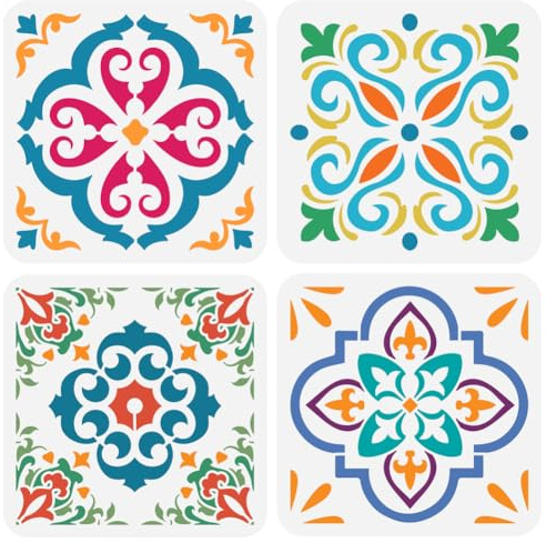 FINGERINSPIRE 4 stencil per pittura con motivo a piastrelle, 20 x 20 cm, stencil per bordo damascato, riutilizzabile, per pittura su pareti, pavimenti in legno, piastrelle, tela, tessuto, mobili,