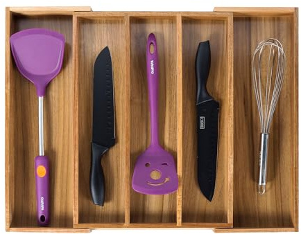 Utoplike Acacia Expandable Kitchen Drawer Organiser, Adjustable Cutlery Organiser in Drawer, Wooden Utensil Tray Holder Organiser, Drawer Divider for Flatware, Silverware, Knives in Kitchen