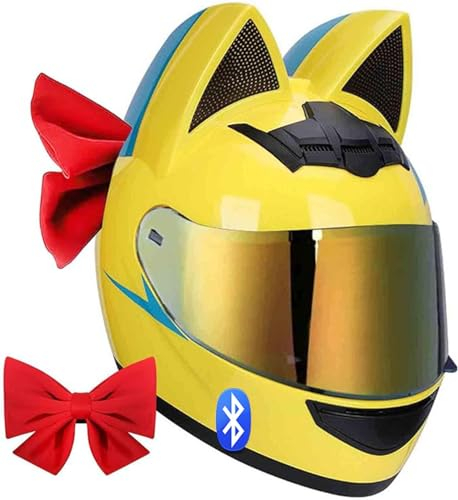 GZEZHA Katzenohr-Motorrad-Bluetooth-Helm Mit Schleife Für Mädchen Und Frauen, DOT/ECE-Zertifizierung, Hochklappbarer Vollgesichts-Motorradhelm, Coole Süße Katzen-Racing-Motocross-Helme B, M=54-56 cm