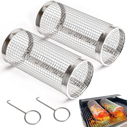Rolling Grillkorb, 2 Stück Zylindrischer Grillkorb Edelstahl Rolling Grilling Basket Grillkorb Gitterrost Zylinder, für Camping und Terrassengrills Freien, für Gemüse, Fleisch