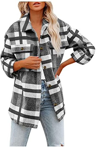 Rutig skjortjacka dam, övergångsjacka dam kort rutig flanelljacka långärmad bomull skjorta blus kappa ledig vinterjacka vintage fritidsjacka flanellskjorta skjorta blus övergångsjacka