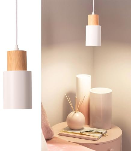 Alpinaluz Lámpara de Techo Colgante – Estilo Nórdico Minimalista – Pantalla Cilíndrica Ø10cm de Acero Lacado Blanco con Detalle en Madera Natural – Casquillo E27 para Cocina, Comedor y Dormitorio