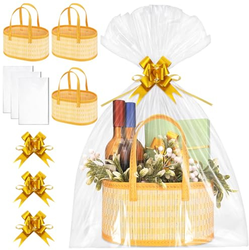 HOMIEE Cesta Vacía Para Regalo 3 Unidades, Cesta De Regalo De Bambú Tejida Vacía Con 3 Bolsas, 3 Lazos Para Cumpleaños, Pascua, Inauguración De La Casa, Navidad