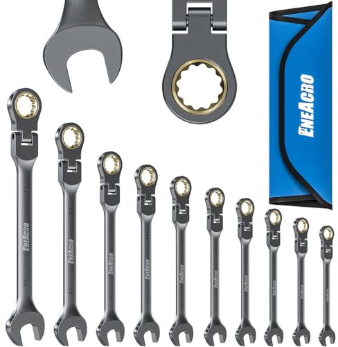 ENEACRO Set di chiavi combinate a cricchetto da 10 pezzi, set di chiavi antiscivolo a testa flessibile, metriche da 8 a 19 mm, 72 denti, struttura in Cr-V, nichelatura con borsa di stoccaggio