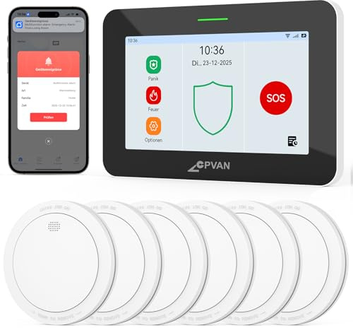 CPVAN GSM + WiFi Smart Rauchmelder Vernetzt 10 Jahre Batterie mit 7 Touch Screen 110dB Zentralpanel,Zertifiziert nach Europäischen Norm EN14604, WLAN & 4G Funk Melder,85dB Vernetzbarer Feuermelder