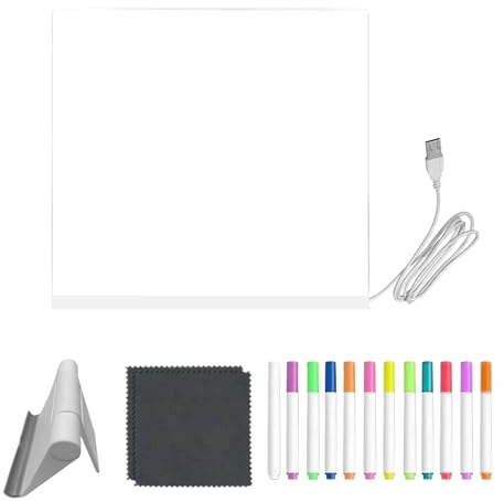 LED-anteckningstavla 20 x 20 cm med 12 färgpennor, justerbar vikstativ, radering, lyser akryl reklam, rittavla, meddelande, markörtavlor med för kontor, skola,
