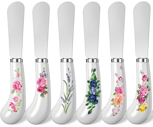 Yiyiring 6 Pack Floral Cheese Spreaders 4.95 Stainless Steel Butter Knife with Ceramic Handle for Jam, Pastry, Butter Knife - Holiday Silverware & Festive Kitchen Cutlery