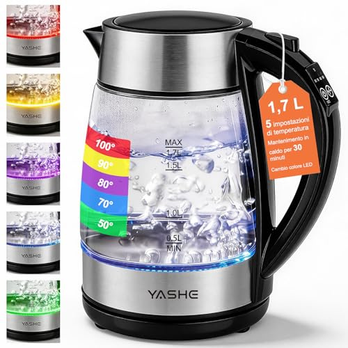 YASHE Hervidor de Agua Eléctrico de Vidrio con Control de Temperatura 1,7L, 2200W Hervido Rápido, Indicador LED de 5 Colores, 30 Min Mantenimiento de Calor, Filtro Anticalcare