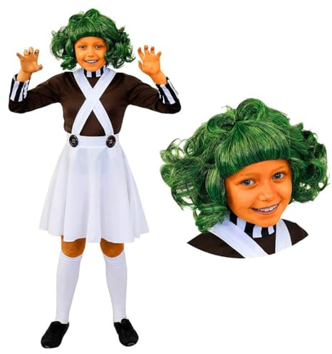 Flickors fabriksarbetardräkt – vit hängselbyxa kjol, brun topp och grön peruk – barnsagobok karaktär maskeraddräkt för världsbokdagen, halloween och temafester