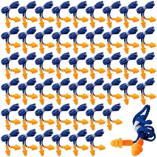 Bangbobi - 50 Paia di Tappi per Le Orecchie con Cordino, Protezione Uditiva in Silicone per Dormire, Riutilizzabili per Lavoro, Nuoto e Viaggi (Riduzione del Rumore)