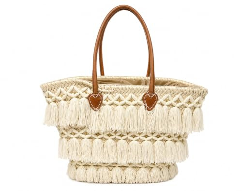 Générique Cabas artisanal en raphia naturel, fait main, cabas bohème avec anses en cuir, grand sac d’été pour plage, shopping et voyage