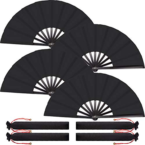 Maitys 4 Packs Large Folding Hand Fans 13'' Chinese Handheld Fan Large Clap Fans for Line Dancing, Tai Chi, Festival, Kung Fu, Martial Art, Gift, Includes 2 Pouch (Black)