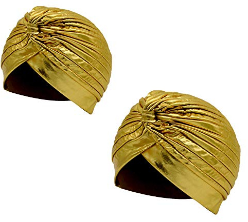 Carnavalife Plisado Cabeza Turbante Gorra Sombrero India Capucha de Turbante de Sol Árabe Festival Vintage Color Liso Unisex (Dorado x 2)
