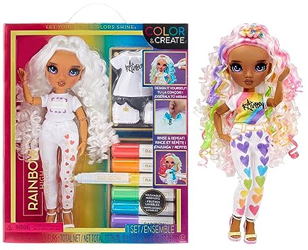 Rainbow High Colour & Create Fashion DIY Doll - Occhi viola, capelli ricci, top e scarpe in regalo, pennarelli arcobaleno lavabili - Colora, crea, gioca, risciacqua, ripeti -