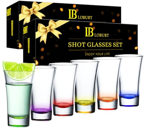 LOBUBT 12 Pack Shot Glasses Set,2 oz Shot Glass with Heavy Base,Colorful Shot Glasses Funny Gift Ideas for Men/Women Small Glass Cups for Liqueur Spirits Bar Party Favor (12)