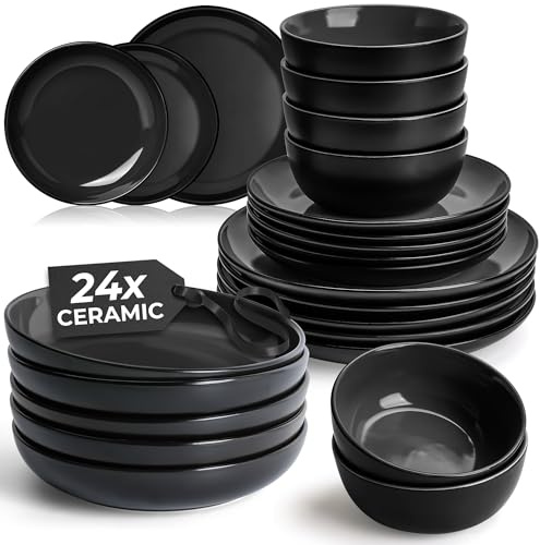 MIAMIO – 24-Piece, Service for 6 Dishware Set/Stoneware Dinnerware Set – Including Plates, Soup Plates and Bowls – Le Papillon Collection (Black)