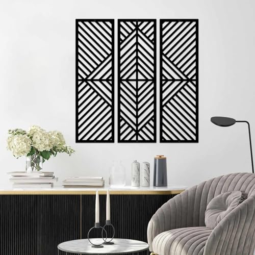 ESTART 3 Stück Geometrische Metall-Wanddekoration, vertikal, abstrakt, minimalistisch, modern, schwarz, Wandkunst, Lattenrost, Wandbehang, Skulptur für Wohnzimmer, Schlafzimmer, 56 x 56 cm