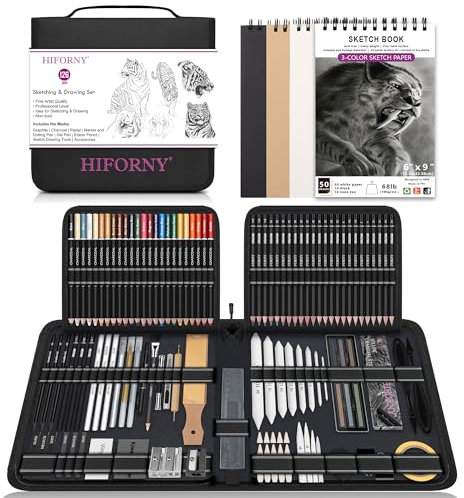 HIFORNY 126 PCS Drawing Kit Sketching Pencil Set,Sketch Pencils Art Supplies with 3-Color Sketchbook,Graphite,Charcoal,Blending and Drawing Tools,Drawing Pencils for Adults Artists in Zipper Case