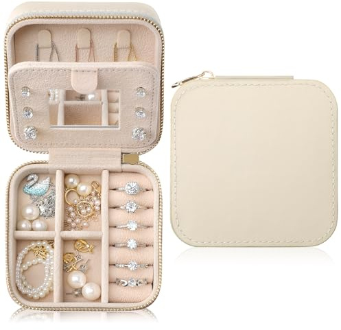 NGVRC Genuine Leather Travel Jewelry Case Organizer with Mirror for Women, Small Jewelry Box Portable Mini Jewelry Case for Earring, Ring, Necklace, Bracelet(Beige)
