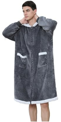 Beokeuioe Albornoces para hombre de forro polar de invierno, albornoz de felpa con capucha y cremallera, albornoz de sauna con toalla, poncho para adultos, bata de manga larga, albornoz de baño para