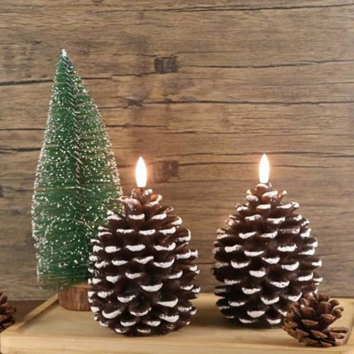 2PCS Flameless Pinecone Candles, Battery Operated Flickering Wick Real Wax Pine Cone Candles, Pinecone Flameless Candles Chalky Brown Finish Pine Cone Figural, Real Wax Unscented LED Candles for Decor