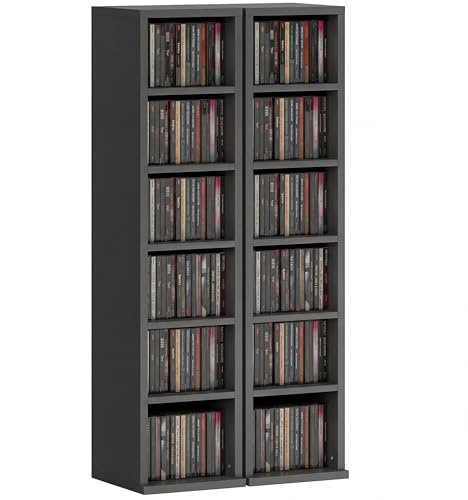 HOMCOM Set di 2 scaffali a colonna per CD-DVD 6 + 6 scomparti 21 x 22,5 x 88,5 cm capacità massima 204 CD nero