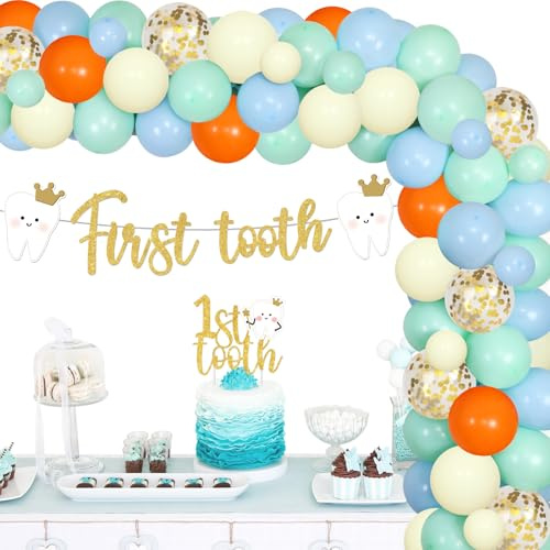 First Tooth Party Decorations, Glitter First Tooth banner 1st Tooth Cake Topper Colourful Latex Balloons Teeth Theme Decorations for Boys Girls Teeth Party Baby Shower Half Birthday Supplies