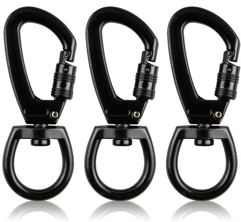3 PCS Mousqueton Laisse Chien, Mousquetons avec Articulation Pivotante, Noir, Carabiner Charge Lourd, Clip à Ressort Déclenchement pour Collier, Alpinisme, Camping et Randonnée
