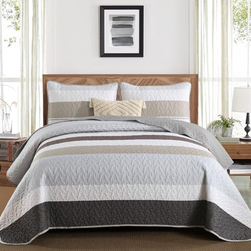 WONGS BEDDING Tagesdecke 240x260 Grau Braun Bettüberwurf Schlieren Decke Steppdecke 3 teilig Doppelbett Gesteppt Bettdecke Mikrofaser Wohndecke mit 2 Kissenbezug 50x75 für Schlafzimmer Sofaüberwurf