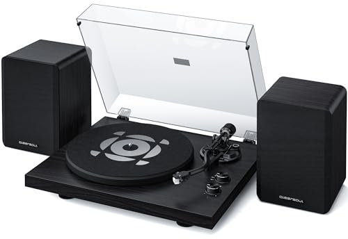 Qlearsoul SoulBox S1 Plattenspieler mit Stereo Lautsprechern, Bluetooth Plattenspieler, Vinyl Record Player mit integriertem Vorverstärker, S-förmigem Tonarm, 33/45 RPM (Schwarz)
